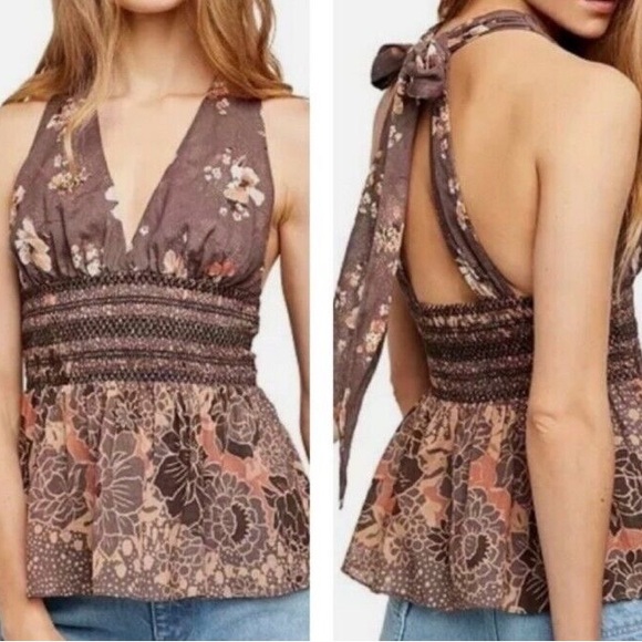 Free People Brinkley Smocked Floal Tie-Back Tank Top - Cocoa Combo - Small - Picture 7 of 8